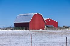 Red Barn on Snowy Prairie.-gjphotography-Photographic Print