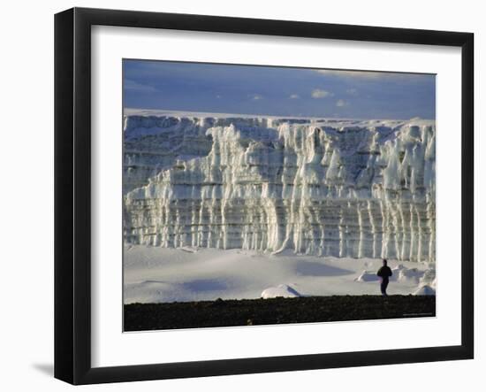 Glacier and Trekker from Summit at Uhuru Peak, Kilimanjaro National Park, Tanzania, Africa-David Poole-Framed Photographic Print