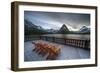 Glacier, Montana: Chairs Line the Deck of the Many Glacier Lodge During Sunset-Brad Beck-Framed Photographic Print