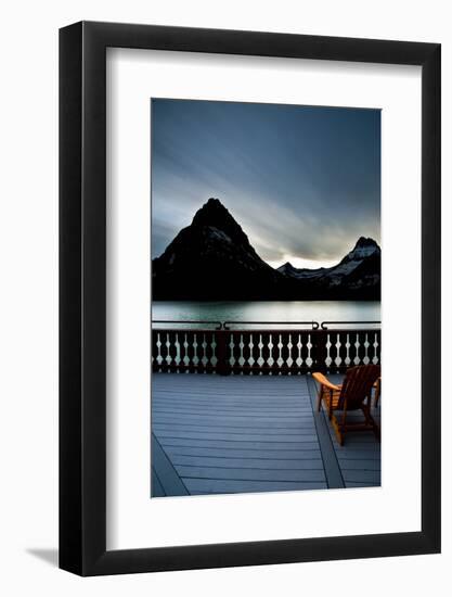Glacier, Montana: Chairs Line the Deck of the Many Glacier Lodge During Sunset-Brad Beck-Framed Photographic Print