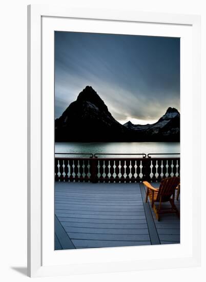 Glacier, Montana: Chairs Line the Deck of the Many Glacier Lodge During Sunset-Brad Beck-Framed Photographic Print