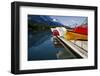 Glacier, Montana: Colorful Canoes Line the Dock at Many Glacier Lodge on Swiftcurrent Lake-Brad Beck-Framed Photographic Print