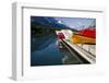 Glacier, Montana: Colorful Canoes Line the Dock at Many Glacier Lodge on Swiftcurrent Lake-Brad Beck-Framed Photographic Print