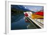 Glacier, Montana: Colorful Canoes Line the Dock at Many Glacier Lodge on Swiftcurrent Lake-Brad Beck-Framed Photographic Print