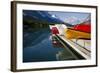 Glacier, Montana: Colorful Canoes Line the Dock at Many Glacier Lodge on Swiftcurrent Lake-Brad Beck-Framed Photographic Print