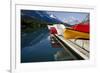 Glacier, Montana: Colorful Canoes Line the Dock at Many Glacier Lodge on Swiftcurrent Lake-Brad Beck-Framed Photographic Print