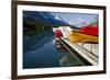 Glacier, Montana: Colorful Canoes Line the Dock at Many Glacier Lodge on Swiftcurrent Lake-Brad Beck-Framed Photographic Print