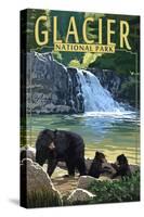 Glacier National Park - Bear Family and Waterfall-Lantern Press-Stretched Canvas