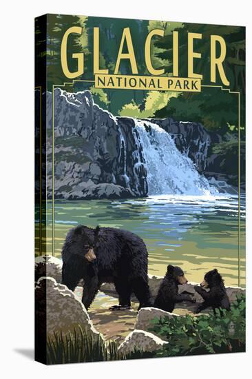 Glacier National Park - Bear Family and Waterfall-Lantern Press-Stretched Canvas