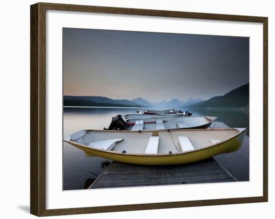 Glacier National Park- Boats Rest on a Dock in Front of Lake Mcdonald.-Ian Shive-Framed Photographic Print