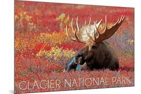 Glacier National Park - Bull Moose and Red Flowers-Lantern Press-Mounted Premium Giclee Print