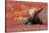 Glacier National Park - Bull Moose and Red Flowers-Lantern Press-Stretched Canvas