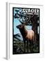 Glacier National Park - Elk - Scratchboard-Lantern Press-Framed Art Print