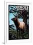 Glacier National Park - Elk - Scratchboard-Lantern Press-Framed Art Print