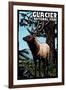 Glacier National Park - Elk - Scratchboard-Lantern Press-Framed Art Print