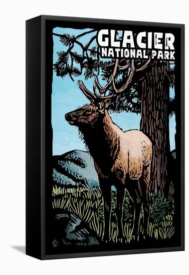 Glacier National Park - Elk - Scratchboard-Lantern Press-Framed Stretched Canvas