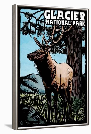 Glacier National Park - Elk - Scratchboard-Lantern Press-Framed Art Print