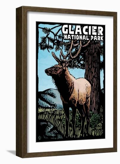 Glacier National Park - Elk - Scratchboard-Lantern Press-Framed Art Print