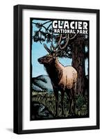 Glacier National Park - Elk - Scratchboard-Lantern Press-Framed Art Print