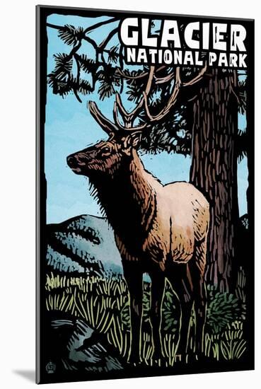 Glacier National Park - Elk - Scratchboard-Lantern Press-Mounted Art Print