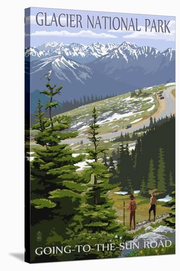 Glacier National Park - Going to the Sun Road and Hikers-Lantern Press-Stretched Canvas