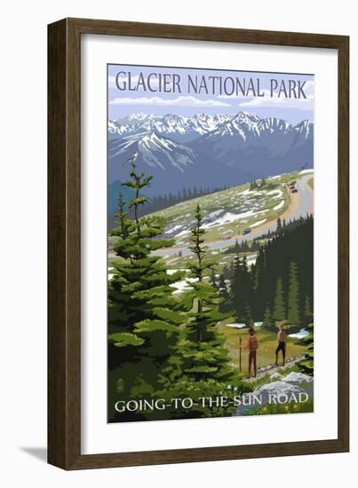 Glacier National Park - Going to the Sun Road and Hikers-Lantern Press-Framed Art Print