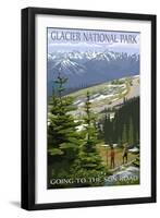 Glacier National Park - Going to the Sun Road and Hikers-Lantern Press-Framed Art Print