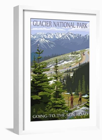 Glacier National Park - Going to the Sun Road and Hikers-Lantern Press-Framed Art Print