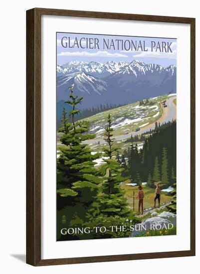 Glacier National Park - Going to the Sun Road and Hikers-Lantern Press-Framed Art Print