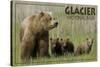 Glacier National Park - Grizzly Bear and Cubs-Lantern Press-Stretched Canvas