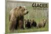 Glacier National Park - Grizzly Bear and Cubs-Lantern Press-Mounted Premium Giclee Print