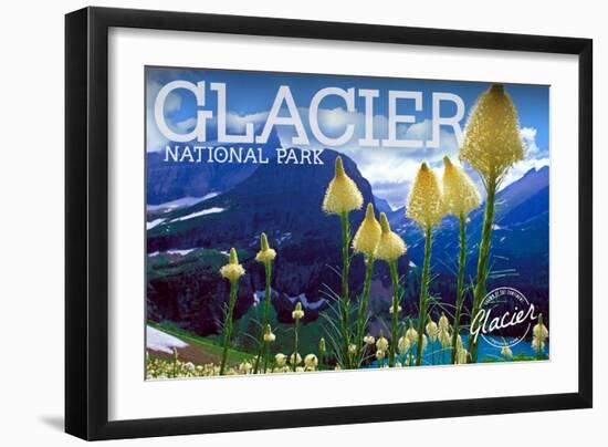 Glacier National Park, Montana - Beargrass in Bloom-Lantern Press-Framed Art Print