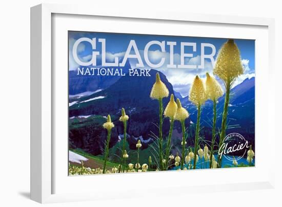 Glacier National Park, Montana - Beargrass in Bloom-Lantern Press-Framed Art Print