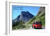 Glacier National Park, Montana - Going-to-the-Sun Road and Red Bus-Lantern Press-Framed Art Print