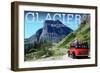 Glacier National Park, Montana - Going-to-the-Sun Road and Red Bus-Lantern Press-Framed Art Print