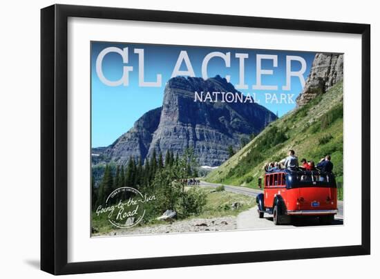 Glacier National Park, Montana - Going-to-the-Sun Road and Red Bus-Lantern Press-Framed Art Print