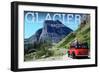 Glacier National Park, Montana - Going-to-the-Sun Road and Red Bus-Lantern Press-Framed Art Print