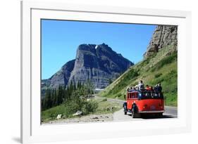 Glacier National Park, Montana - Going-to-the-Sun Road and Red Bus-Lantern Press-Framed Art Print