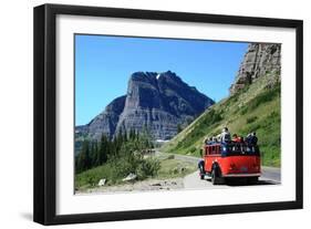 Glacier National Park, Montana - Going-to-the-Sun Road and Red Bus-Lantern Press-Framed Art Print