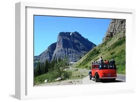 Glacier National Park, Montana - Going-to-the-Sun Road and Red Bus-Lantern Press-Framed Art Print