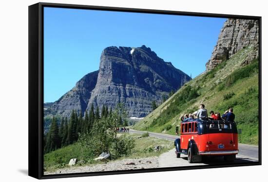 Glacier National Park, Montana - Going-to-the-Sun Road and Red Bus-Lantern Press-Framed Stretched Canvas