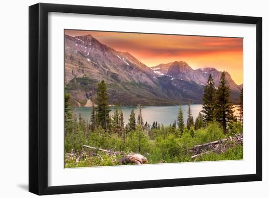 Glacier National Park, Montana - Lake and Peaks at Sunset-Lantern Press-Framed Art Print