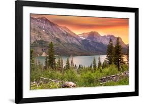 Glacier National Park, Montana - Lake and Peaks at Sunset-Lantern Press-Framed Premium Giclee Print