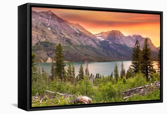 Glacier National Park, Montana - Lake and Peaks at Sunset-Lantern Press-Framed Stretched Canvas