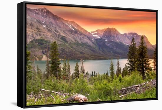 Glacier National Park, Montana - Lake and Peaks at Sunset-Lantern Press-Framed Stretched Canvas