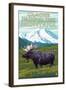 Glacier National Park, Montana - Moose and Mountain-Lantern Press-Framed Art Print