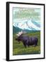 Glacier National Park, Montana - Moose and Mountain-Lantern Press-Framed Art Print