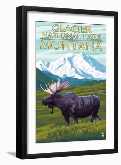 Glacier National Park, Montana - Moose and Mountain-Lantern Press-Framed Art Print