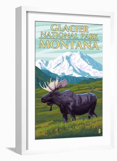 Glacier National Park, Montana - Moose and Mountain-Lantern Press-Framed Art Print