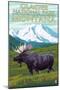 Glacier National Park, Montana - Moose and Mountain-Lantern Press-Mounted Art Print